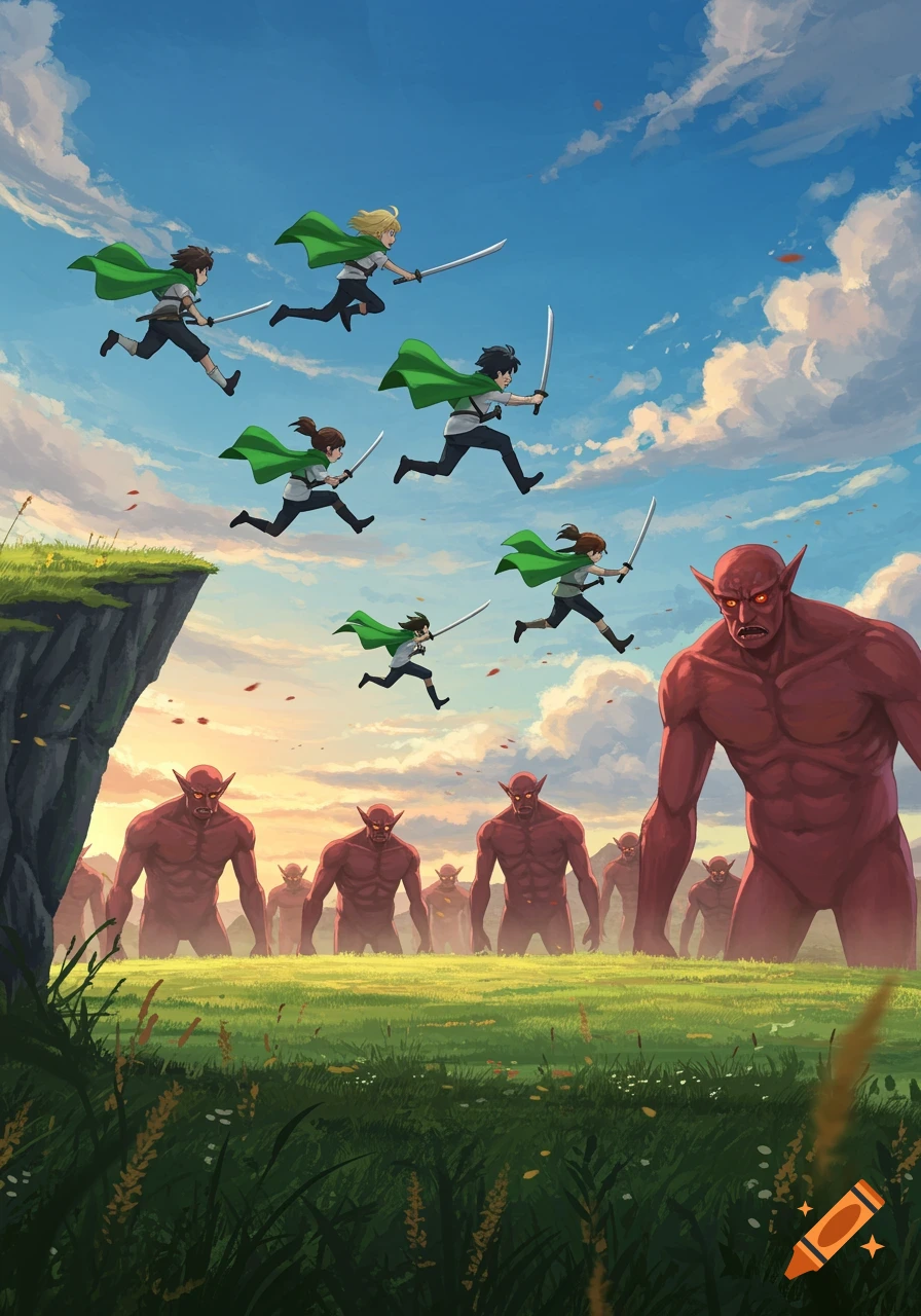 Anime adventurers with green capes leap from a cliff towards massive red giants in a grassy field.