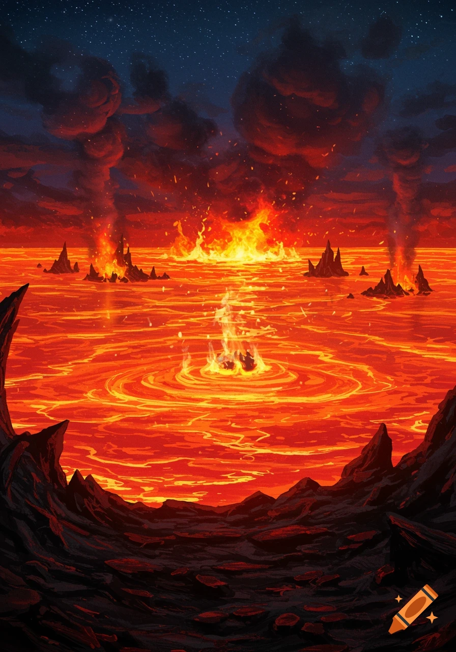 A vibrant, illustrative image of a lake of swirling molten lava with flames and smoke under a dark, starry sky.