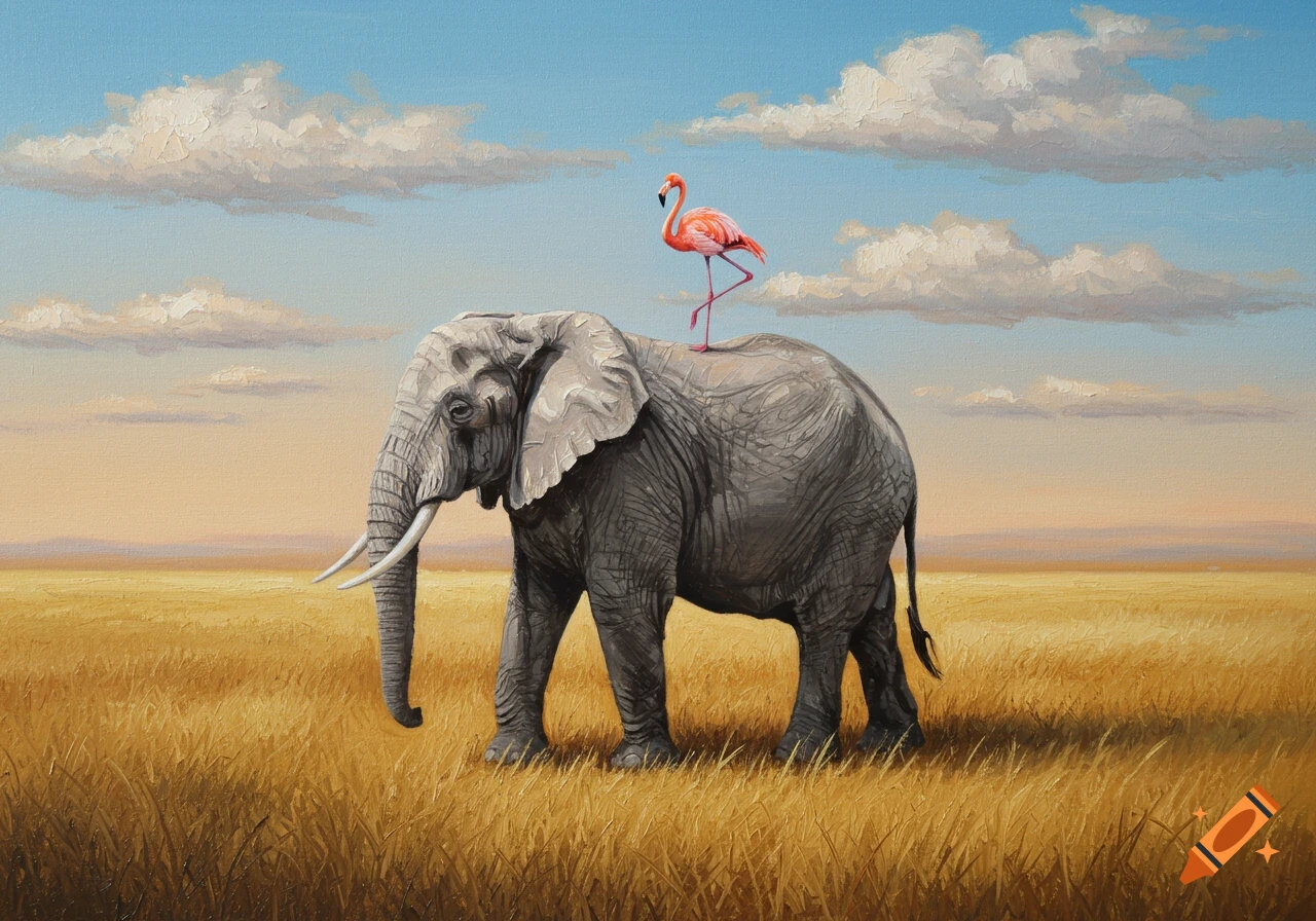 An oil painting of a pink flamingo standing on the back of a large grey elephant in a golden grassy field under a blue sky with clouds.