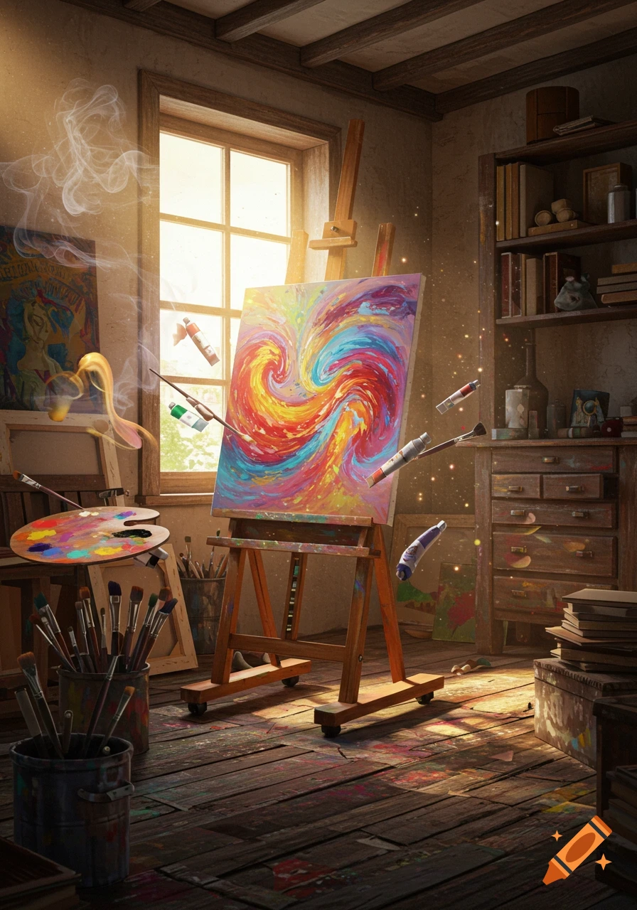 A vibrant artist's studio with an easel holding a swirling, colorful painting. Art supplies float and magic sparks fill the sunlit room.