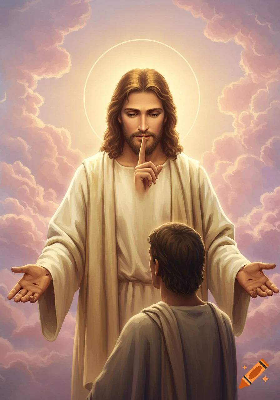 An artistic depiction of Jesus Christ with long hair and a beard, making a shushing gesture with a finger to his lips, standing against a cloudy sky with a bright halo behind his head. Another person kneels before him with their back to the viewer.