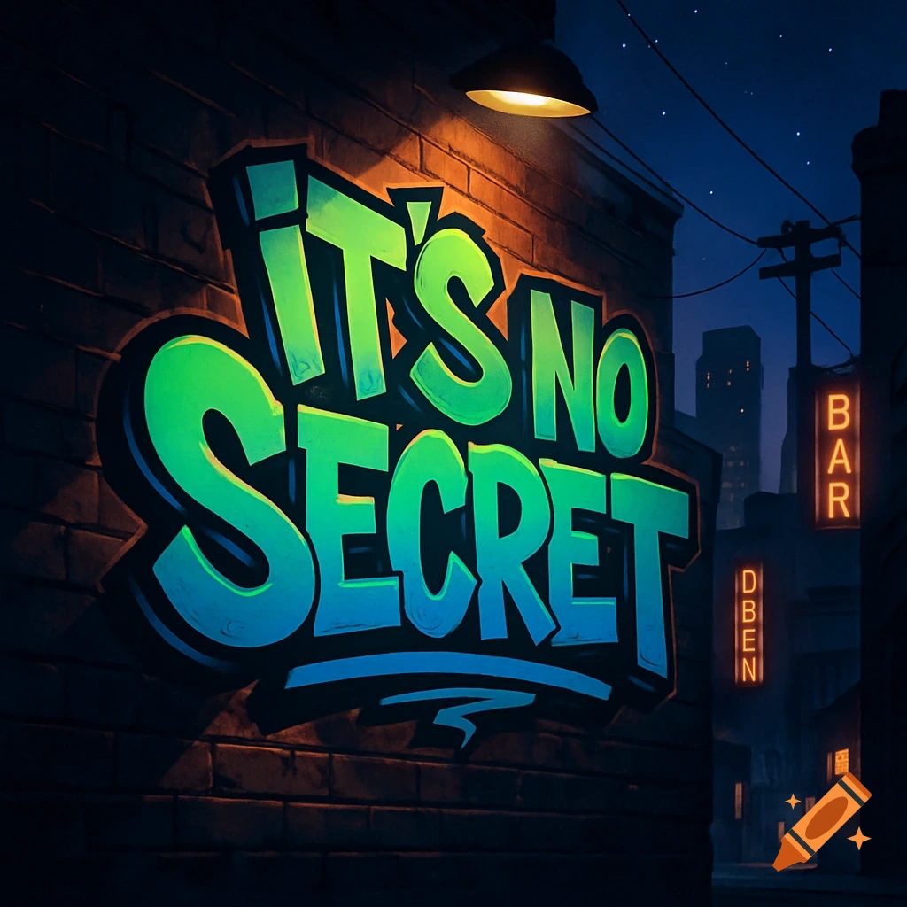 Glowing green and blue graffiti text 'IT'S NO SECRET' on a brick wall at night, illuminated by a street lamp.