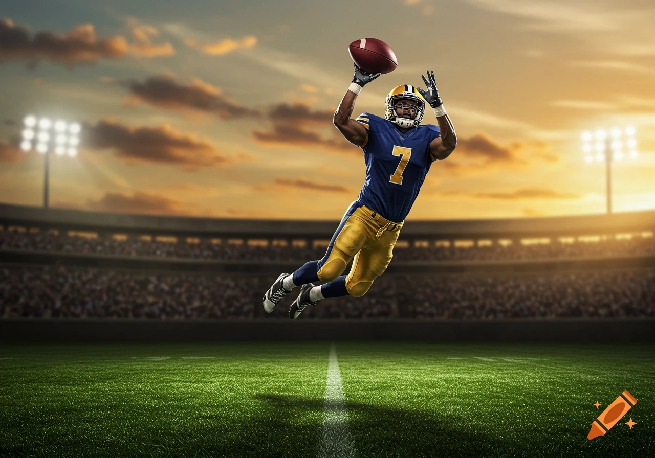 Photorealistic image of a football player in a blue and gold uniform jumping to catch a football in a stadium at sunset.