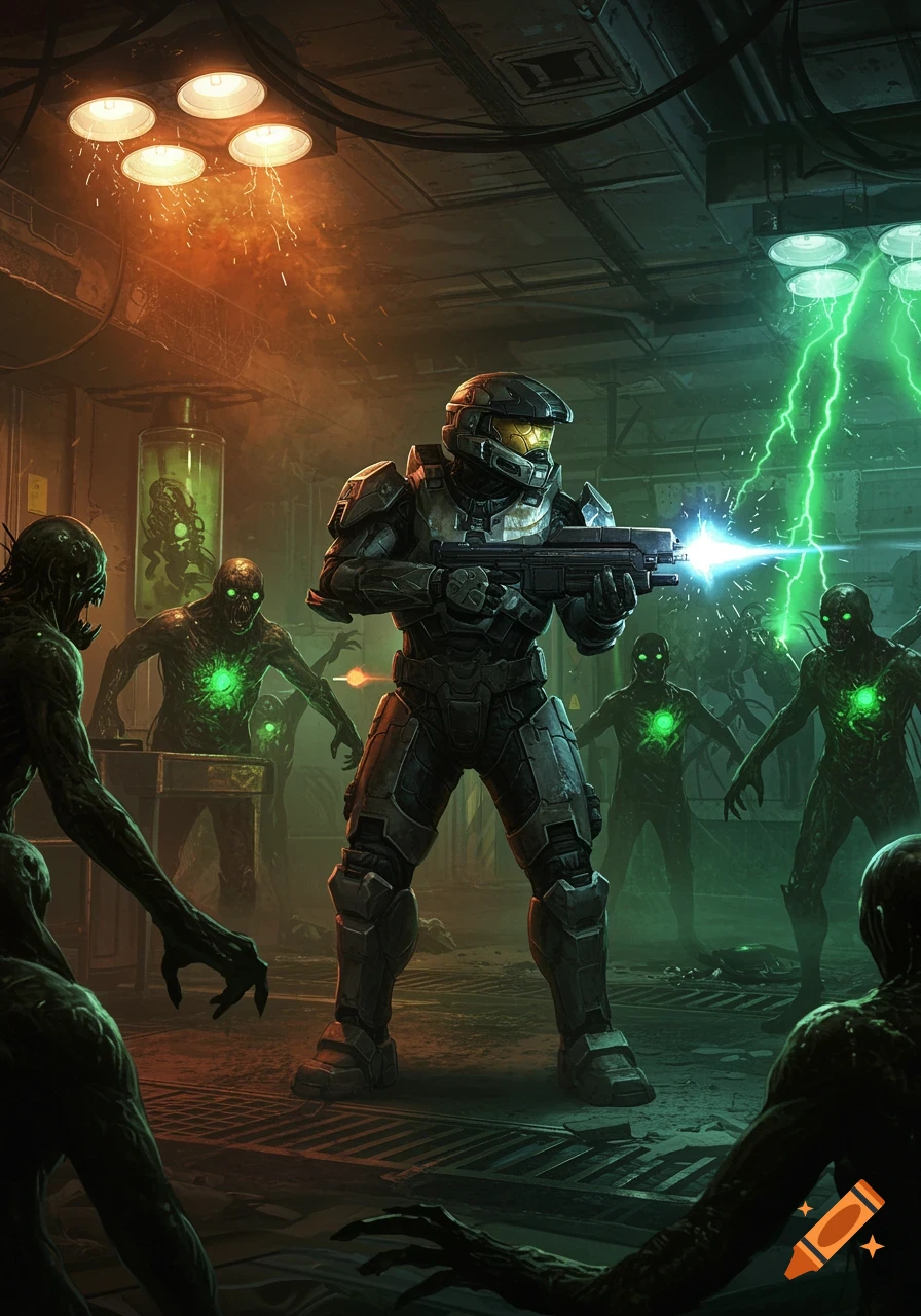 A sci-fi soldier in power armor shoots at glowing green zombie-like creatures in a dark, ominous laboratory.