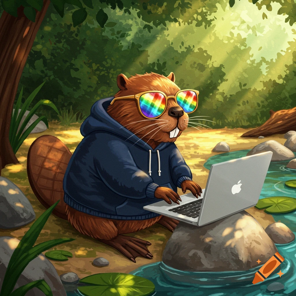 A cartoon beaver wearing a blue hoodie and rainbow sunglasses, typing on a laptop by a stream in a sunny forest.