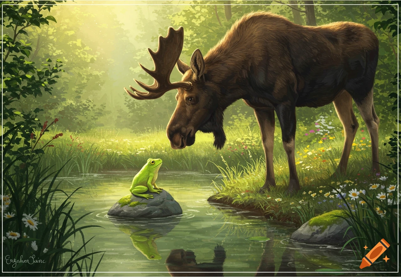 An illustrative scene of a large moose looking down at a small green frog sitting on a mossy rock in a forest pond.