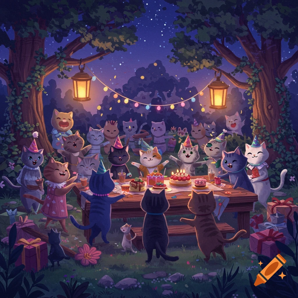 A vibrant illustration of many cartoon cats in party hats celebrating outdoors at night around a table with cakes and presents.