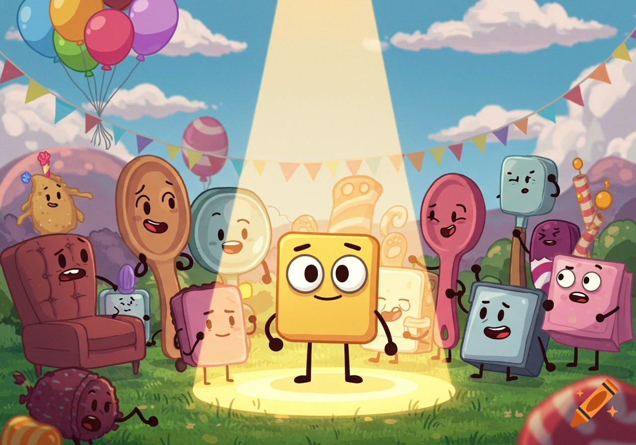 A cheerful group of anthropomorphic object cartoon characters celebrating outdoors under a spotlight with balloons and banners.