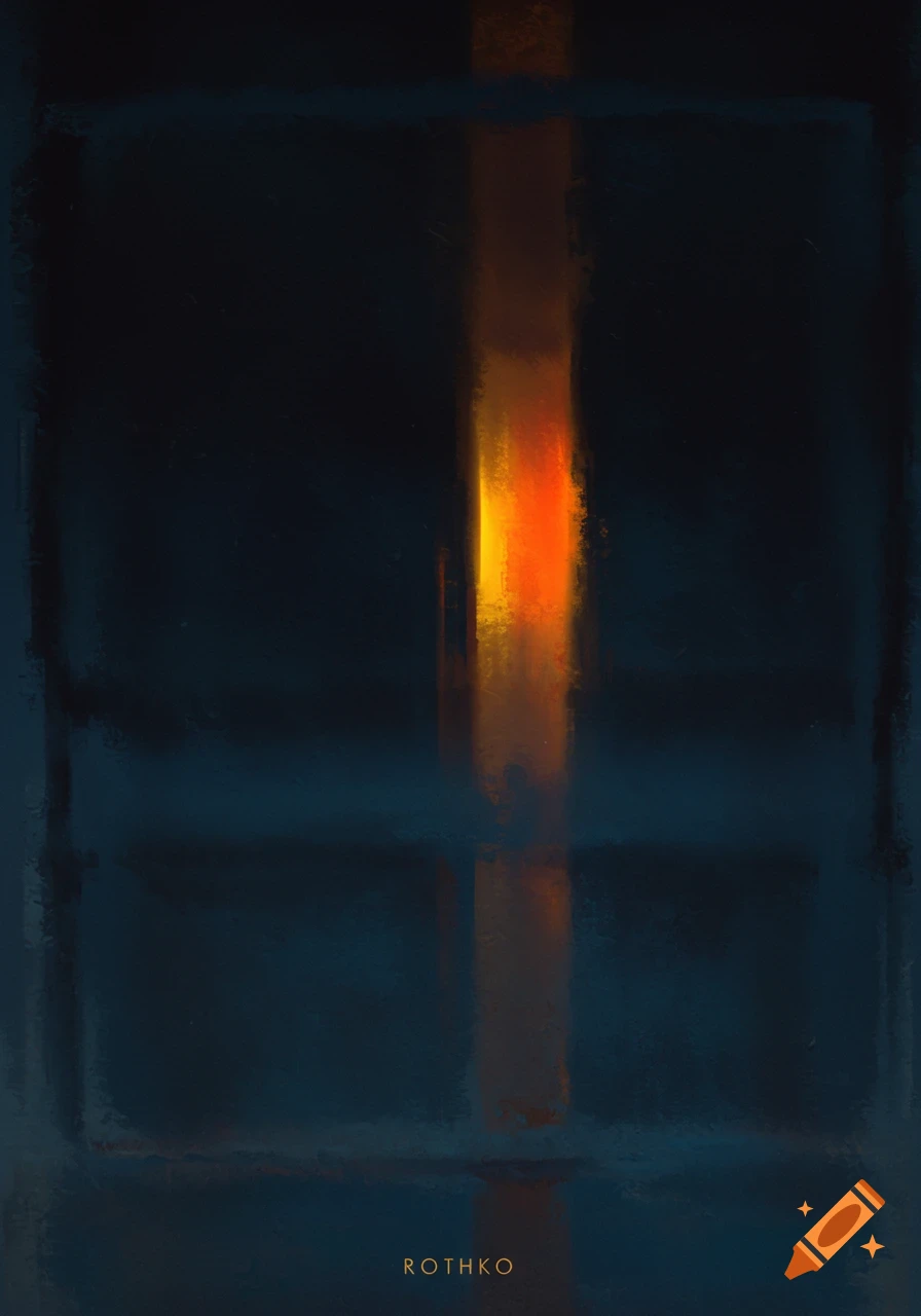An abstract painting with a bright orange and yellow vertical column against a dark teal background.