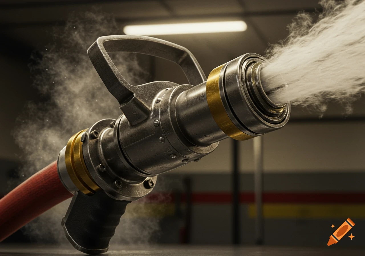 A detailed, close-up shot of a smooth bore fire nozzle spraying a stream of white vapor.