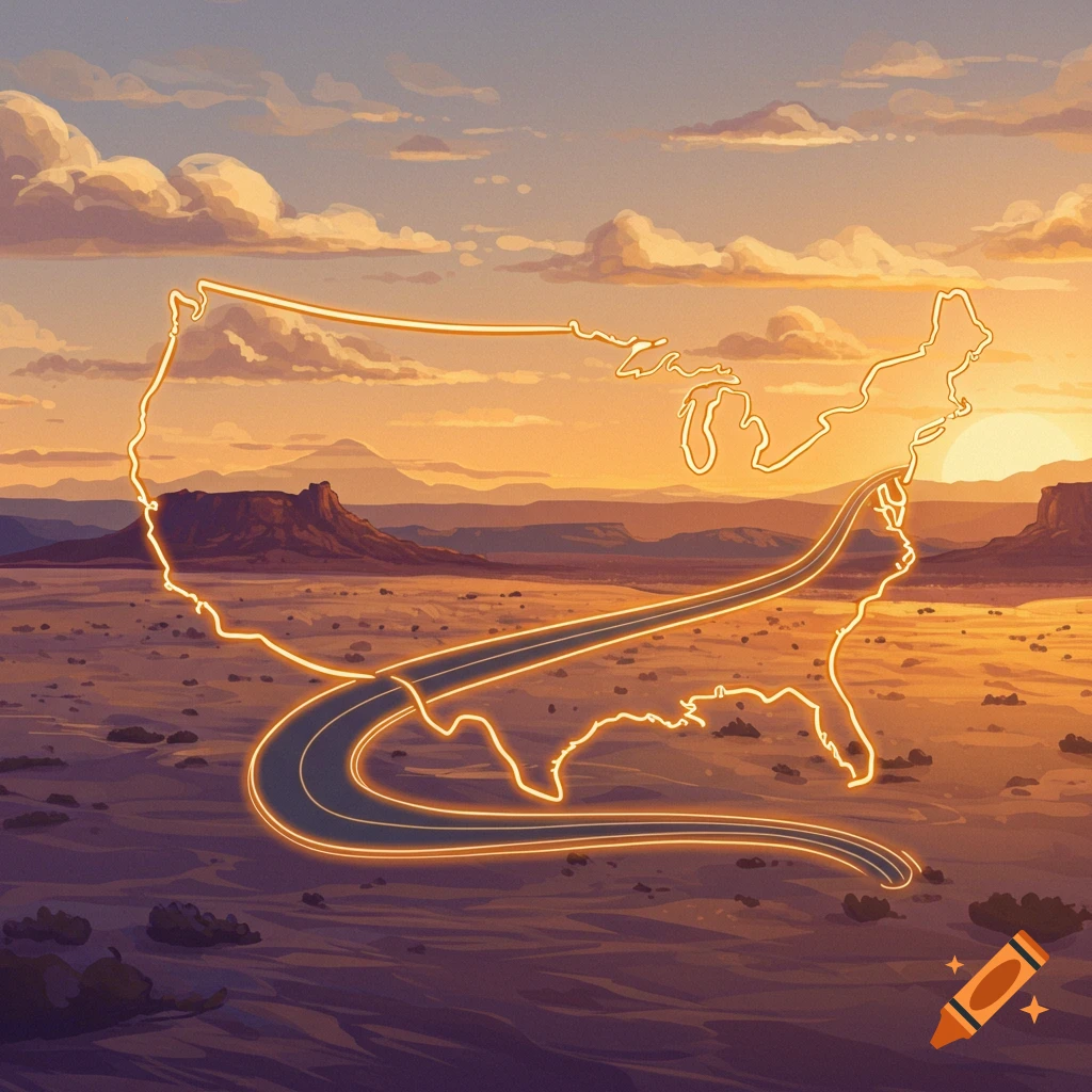 A glowing outline of the United States map with a highway winding through a desert landscape at sunset.
