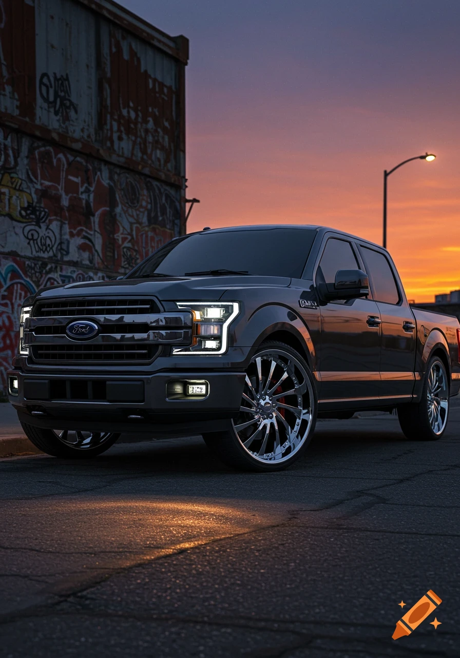 Photorealistic image of a black Ford F-150 pickup truck with large chrome wheels parked on a street at sunset.