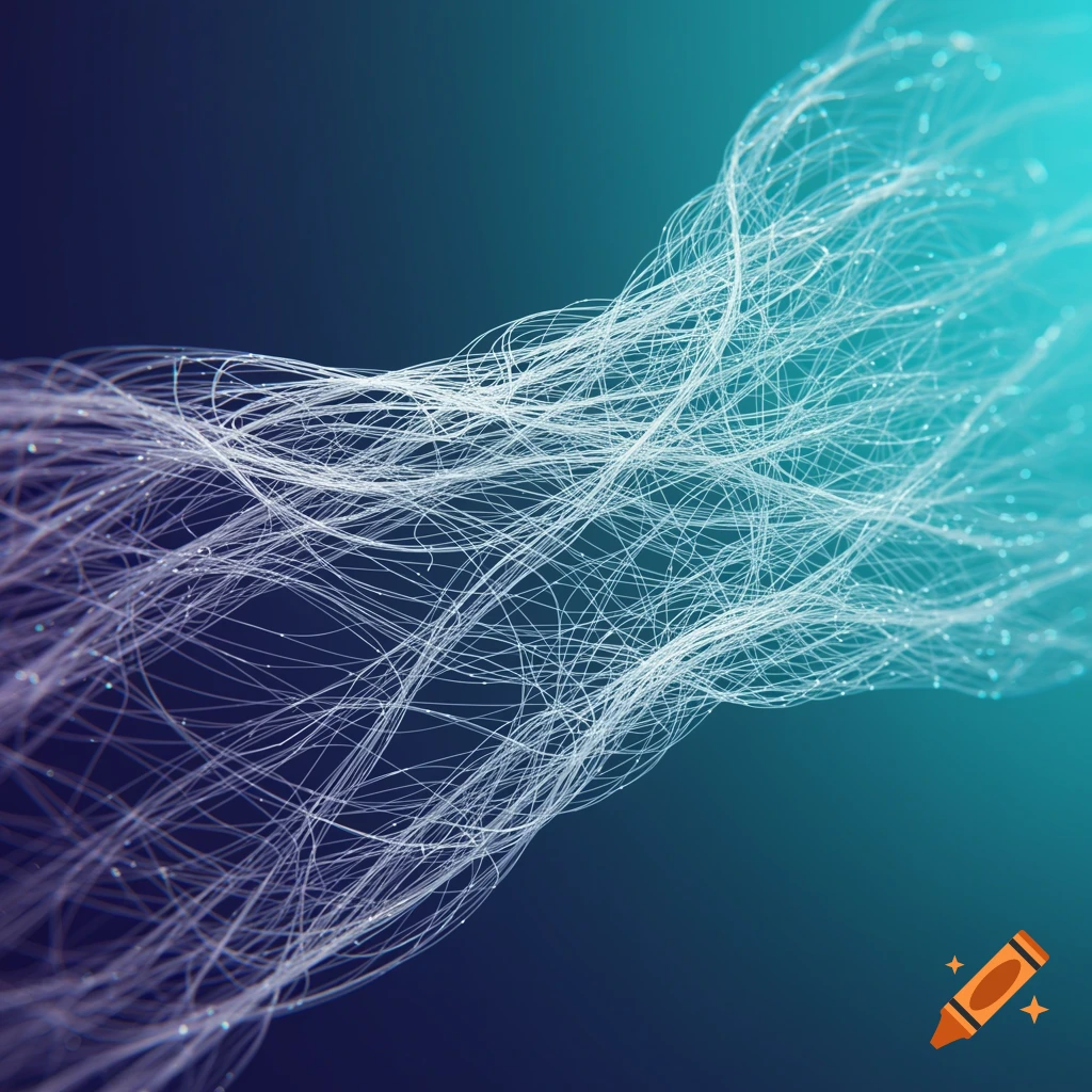 Swirling white fibrous lines glow against a blue gradient background.