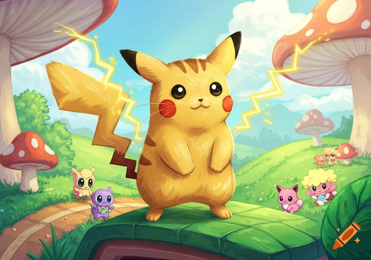 Pikachu stands on a green ledge in a bright, grassy landscape with large mushrooms and small, colorful fantasy creatures.