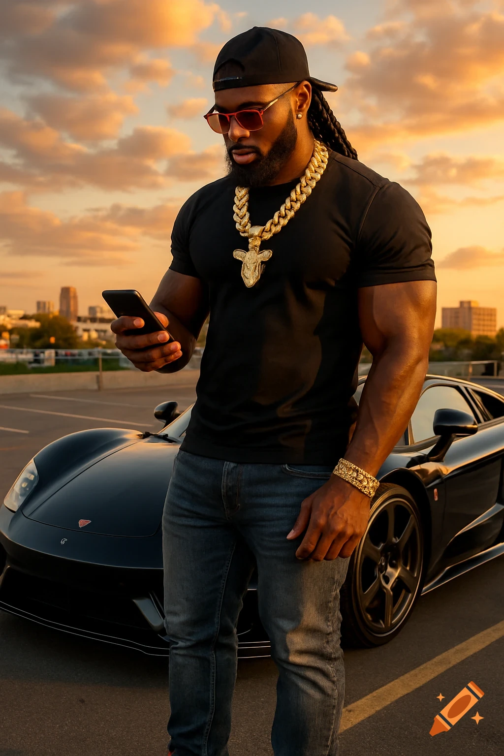 A muscular man in a black t-shirt, jeans, and gold jewelry looks at his phone while leaning on a black sports car at sunset.