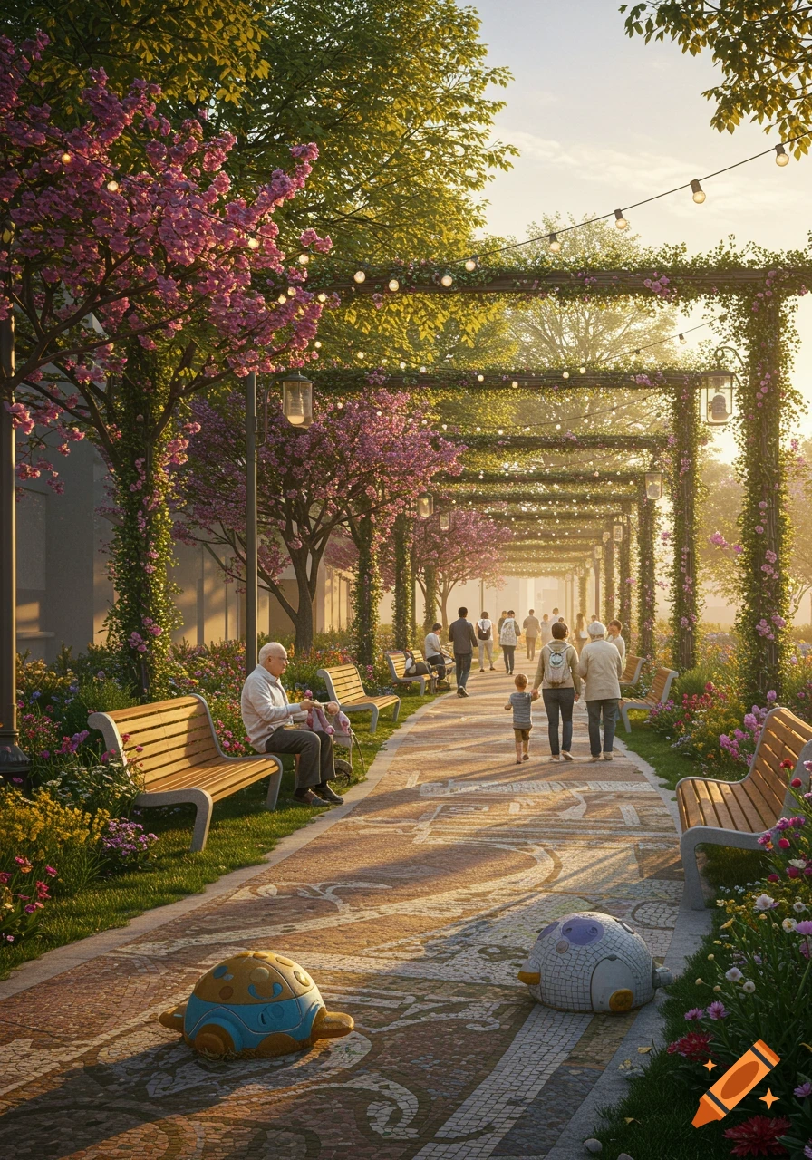 A photorealistic park promenade with cherry blossom trees, string lights, people walking and sitting on benches, and two toy-like structures on the path.
