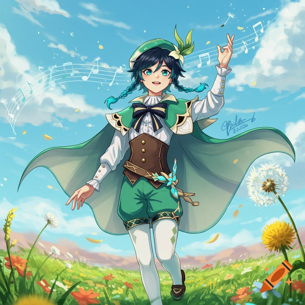 Anime illustration of Venti from Genshin Impact running through a vibrant flower field under a blue sky with musical notes.
