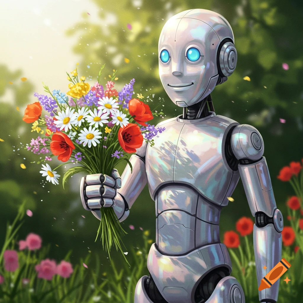 A smiling metallic robot holds a vibrant bouquet of flowers in a sunny garden, digital art.