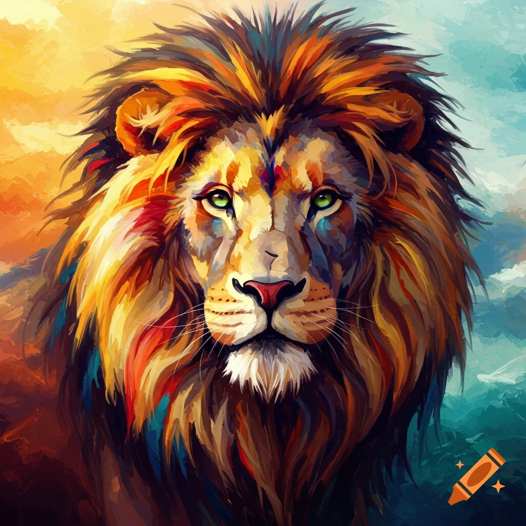 A vibrant, abstract painting of a lion's head with a colorful mane against a two-tone sky.