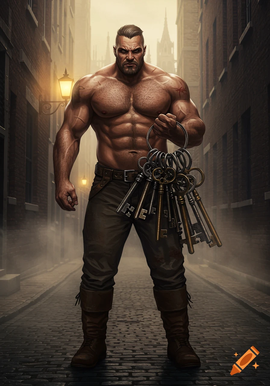 A muscular, shirtless man with a beard and stern expression stands in a cobblestone alley, holding a large ring of antique keys.