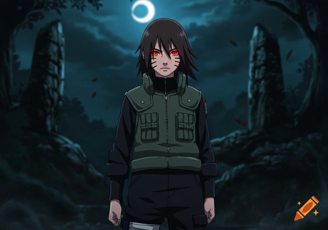 An anime-style boy with red eyes and black face markings wears a green vest under a crescent moonlit sky.