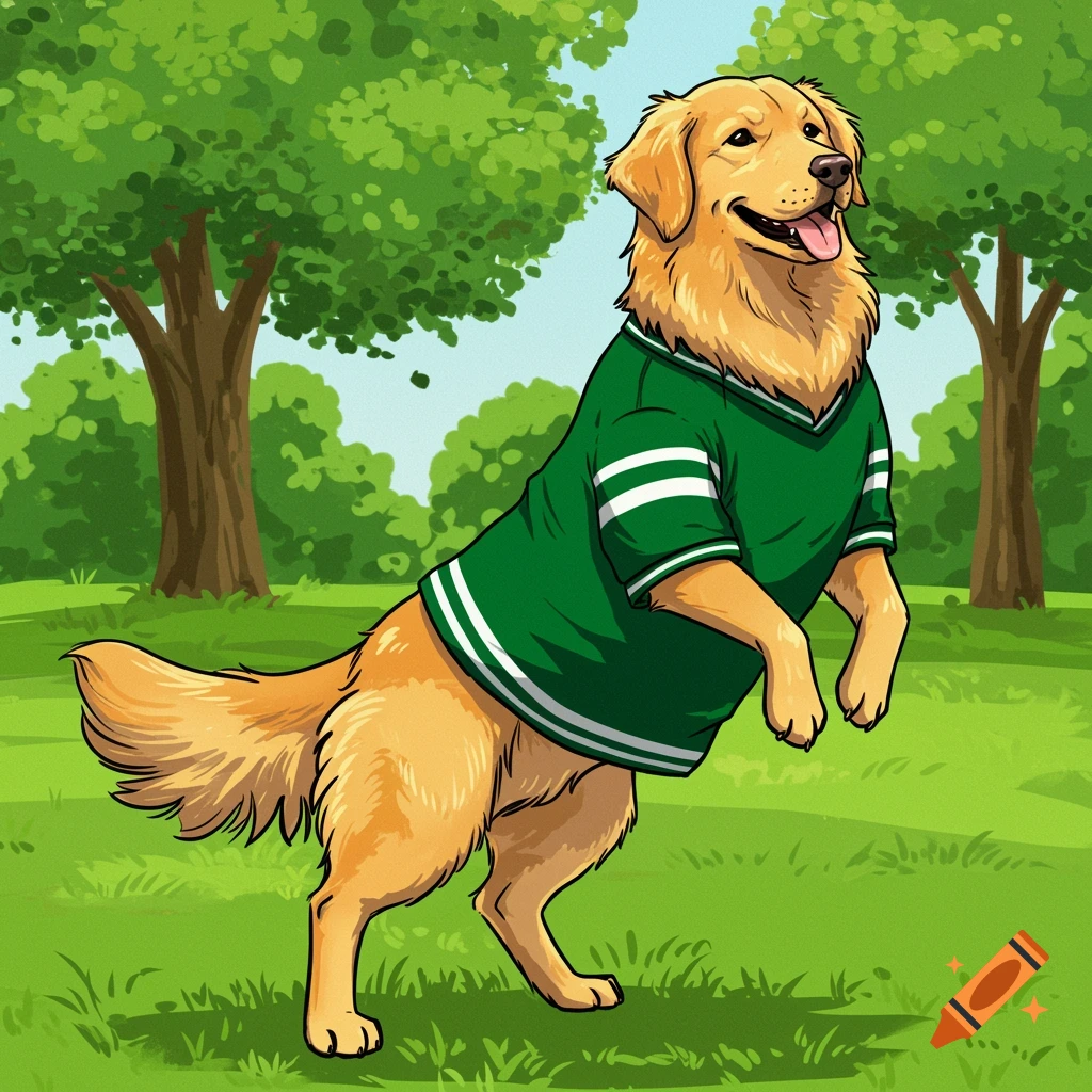 A cartoon golden retriever dog stands on its hind legs, wearing a green football shirt, in a grassy park.