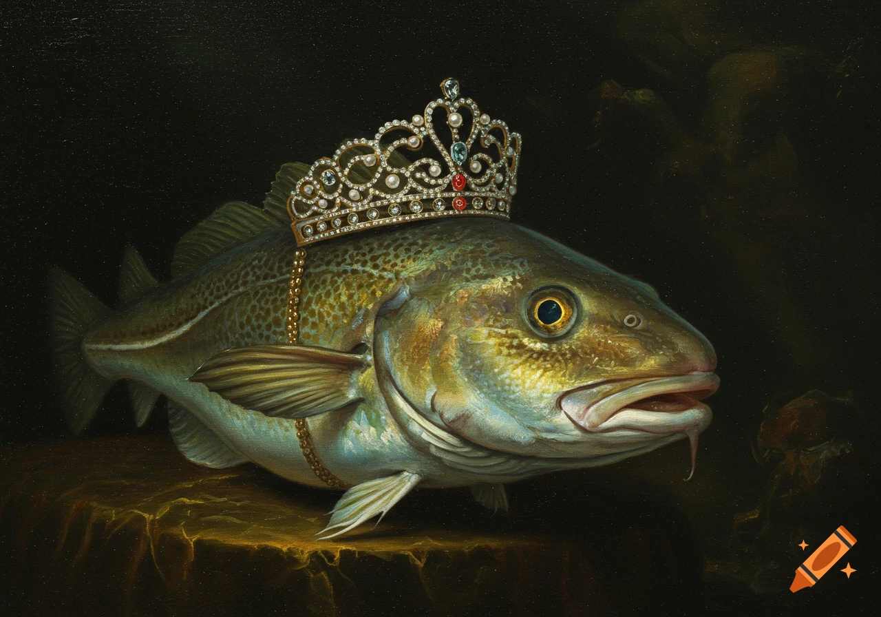 A realistic painting in the style of Rembrandt depicts a codfish wearing an ornate jeweled crown on a dark background.