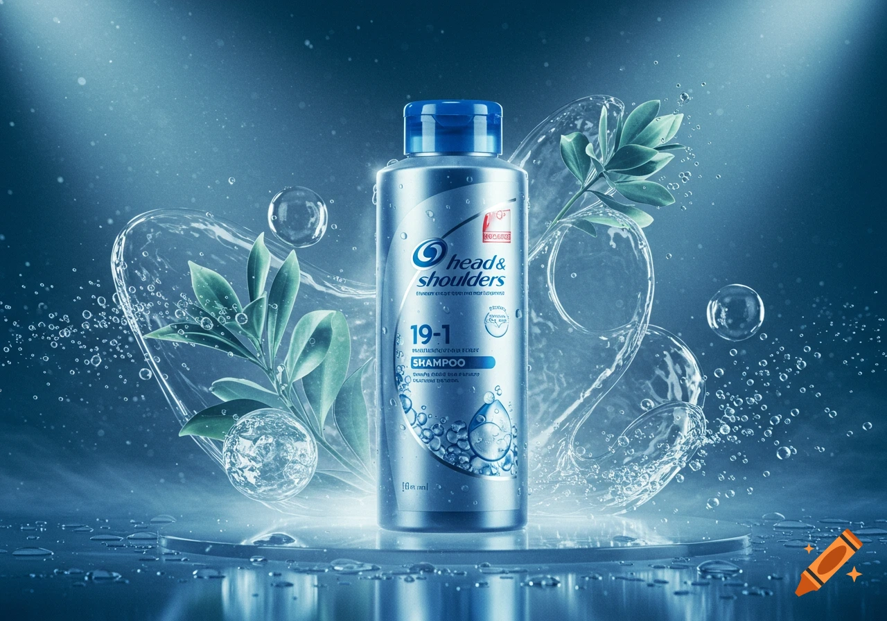 A silver Head & Shoulders shampoo bottle with a blue cap, surrounded by clear water splashes, bubbles, and green leaves on a reflective surface against a blue background. Photorealistic style.