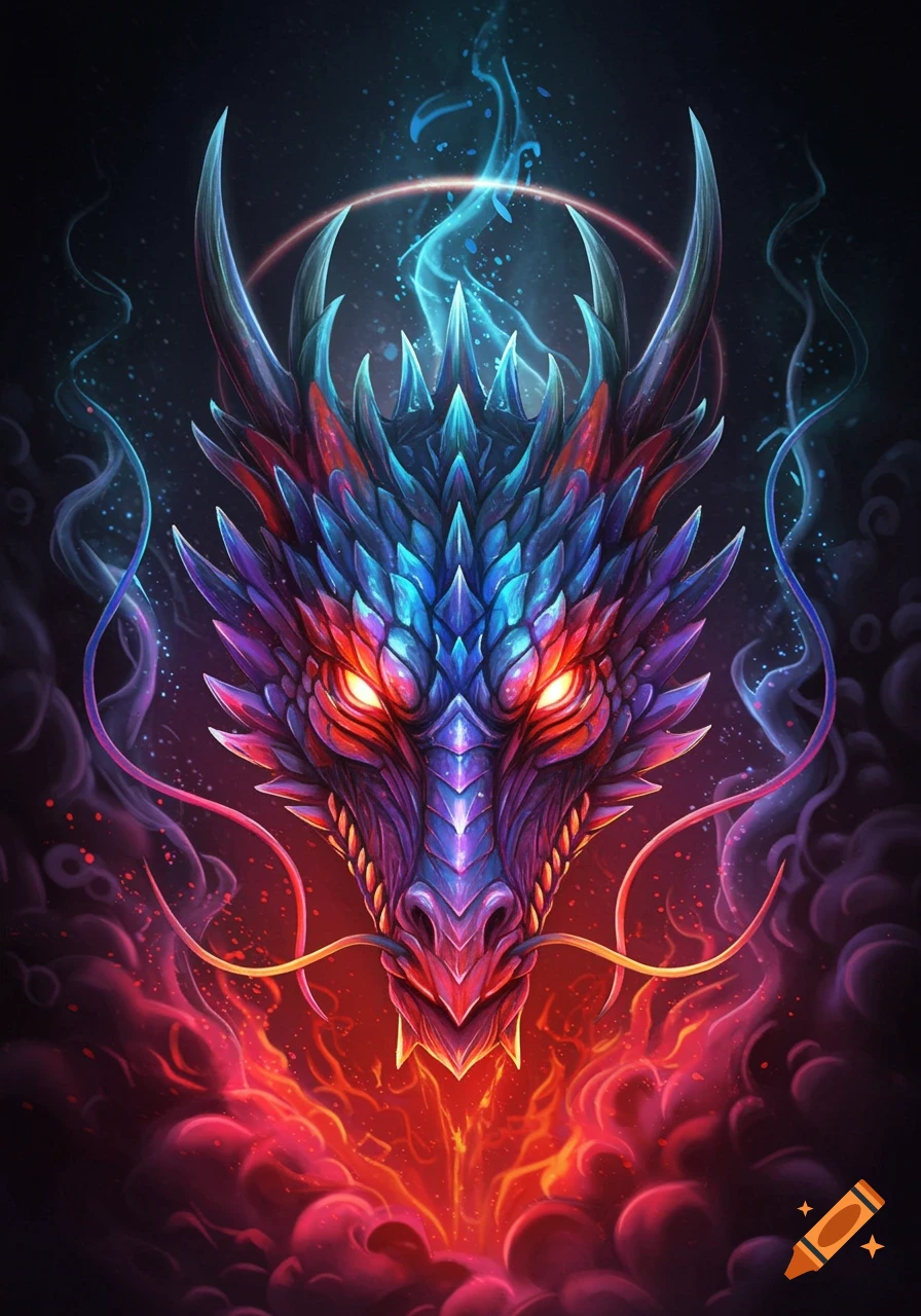 Colorful, majestic dragon head with glowing red eyes surrounded by vibrant red and blue flames and smoke in a fantasy art style.