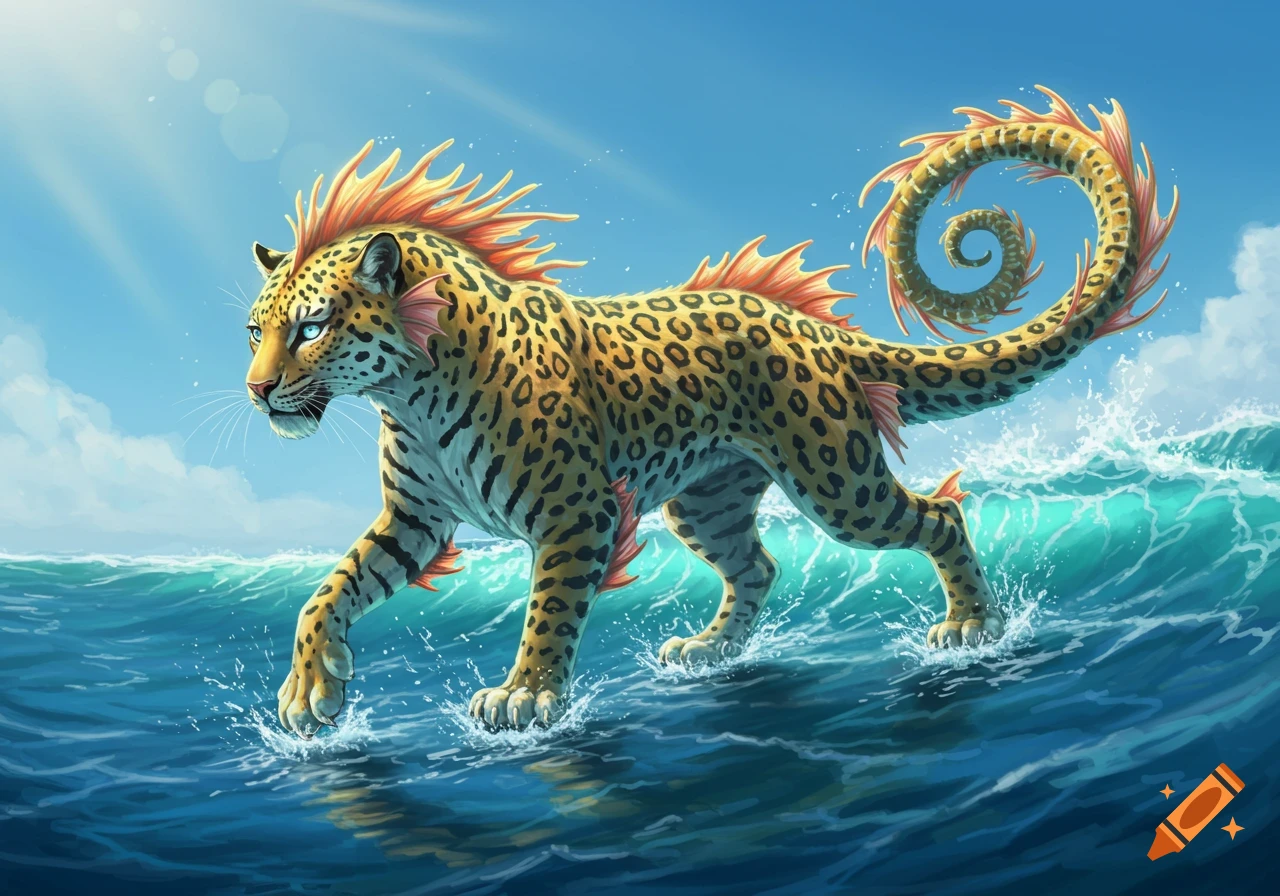 A vibrant fantasy creature, a leopard with fins and a curled tail, walks on blue ocean waves under a bright sky.