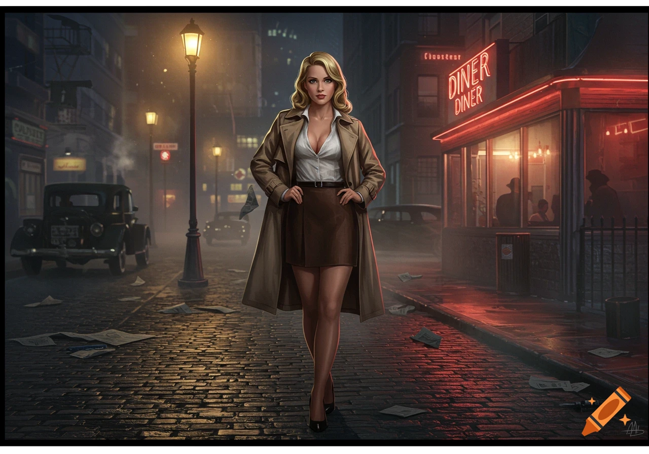 A blonde woman detective in a trench coat and short skirt stands on a wet cobblestone street at night, with a retro diner sign in the background.