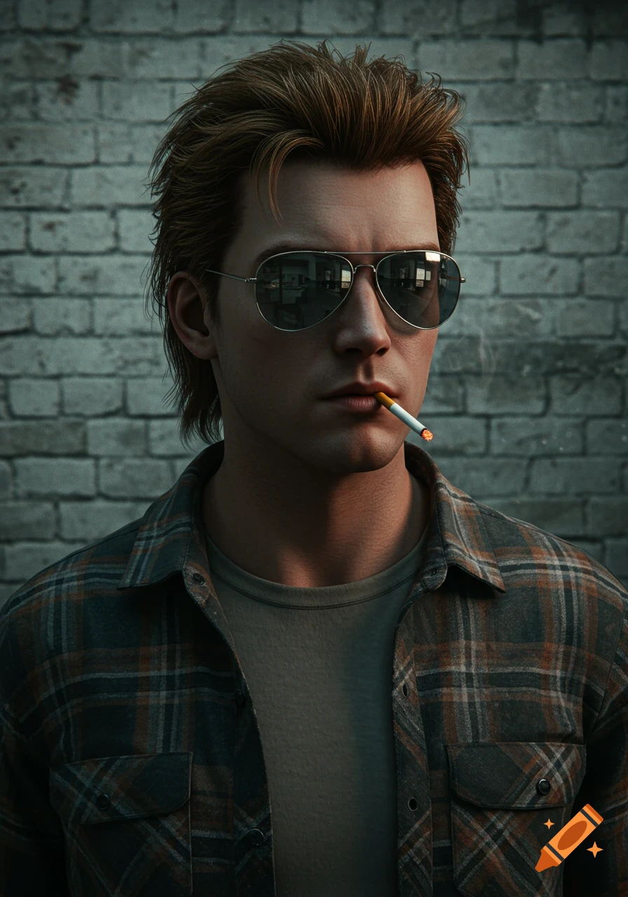 Gritty 1990s cinematic portrait of a man with a mullet and aviator sunglasses smoking a cigarette against a brick wall.