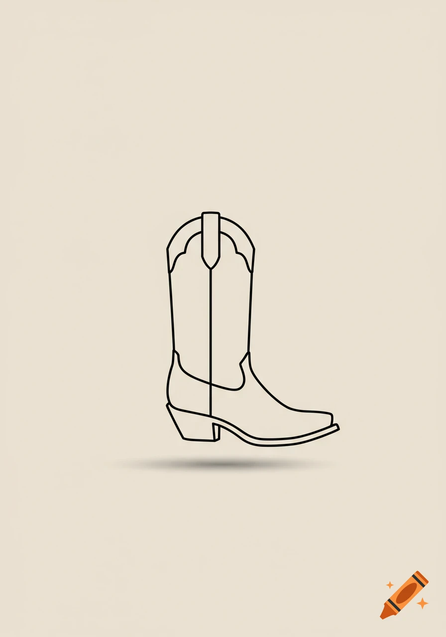 A black line art silhouette of a cowboy boot with a small shadow beneath it, on a light beige background.