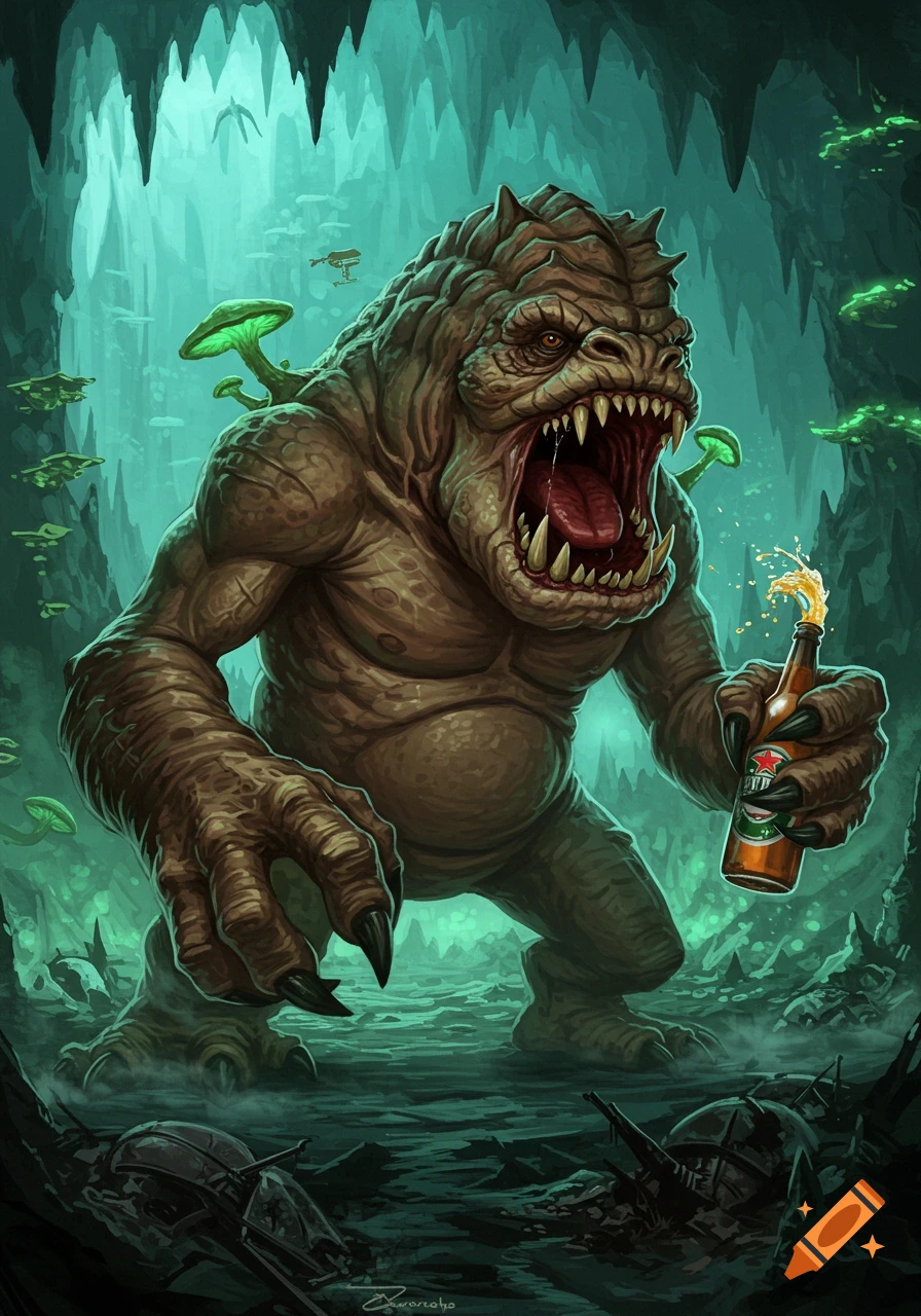 An intimidating Rancor monster stands in a glowing green cave, roaring with its mouth wide open, holding a beer bottle with frothing liquid.