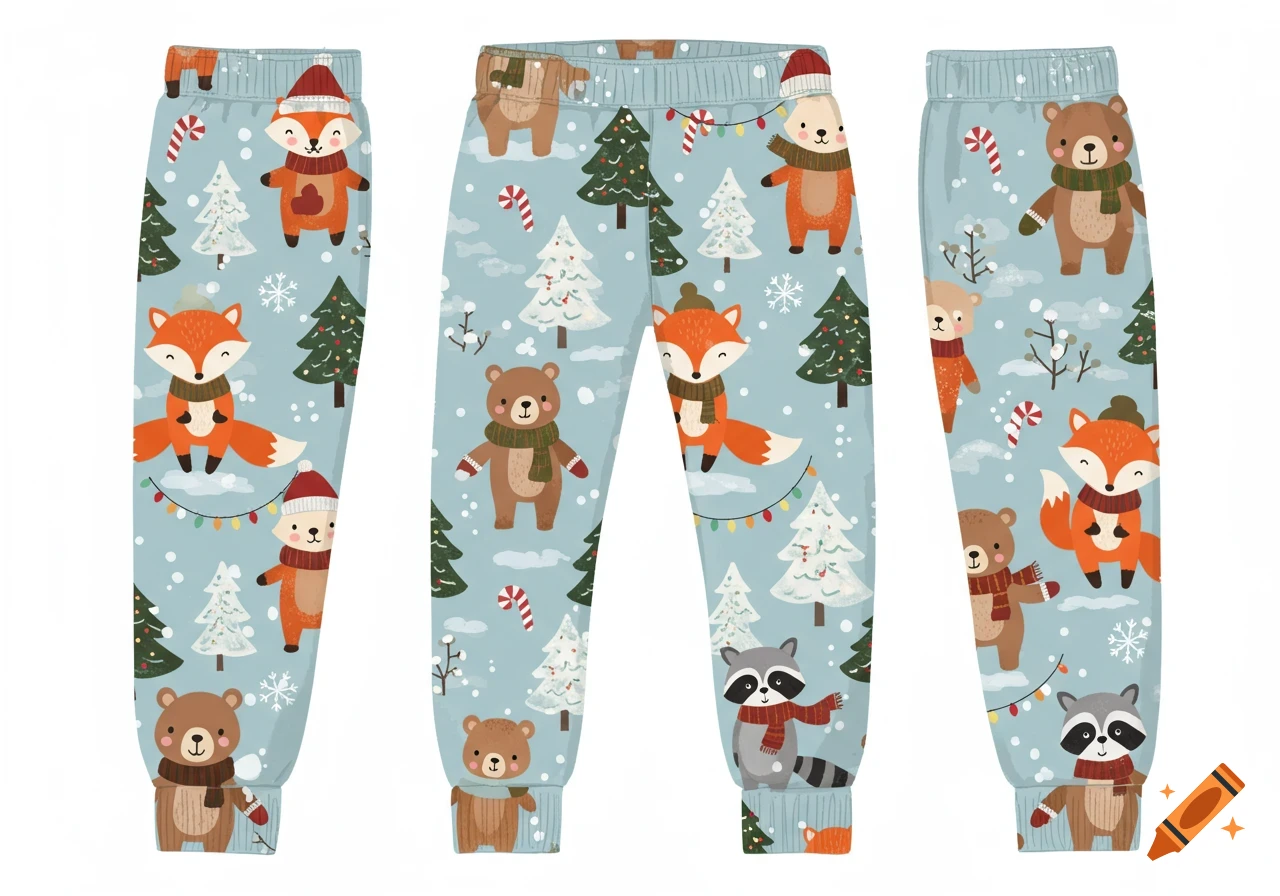 Flat lay of light blue children's pajama pants with a repeating winter pattern of cute cartoon foxes, bears, raccoons, Christmas trees, snowflakes, and candy canes.