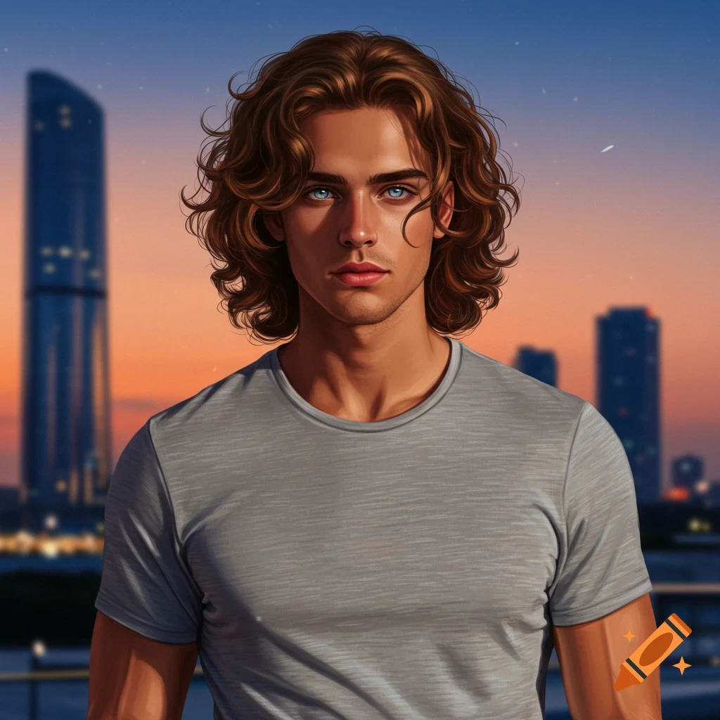 A digitally painted portrait of a man with wavy brown hair and blue eyes, standing against a sunset city skyline.