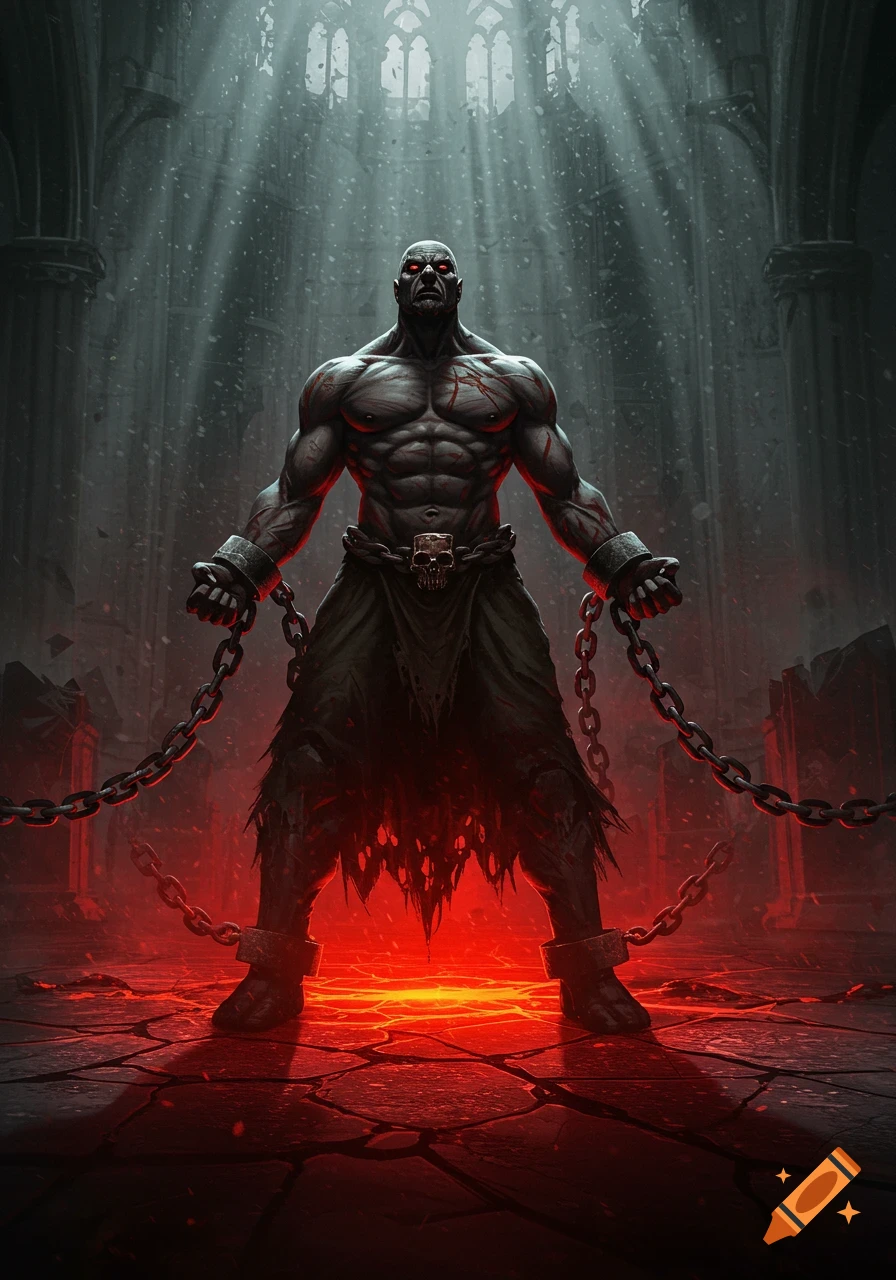 A muscular, dark-skinned humanoid figure with red eyes and scars, in chains, standing in a crumbling gothic cathedral with a fiery red floor.