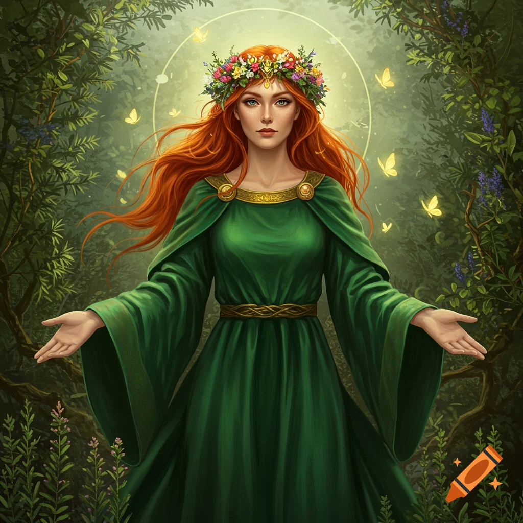 A beautiful woman with long red hair and a flower crown, wearing a green robe, stands in a forest with butterflies.