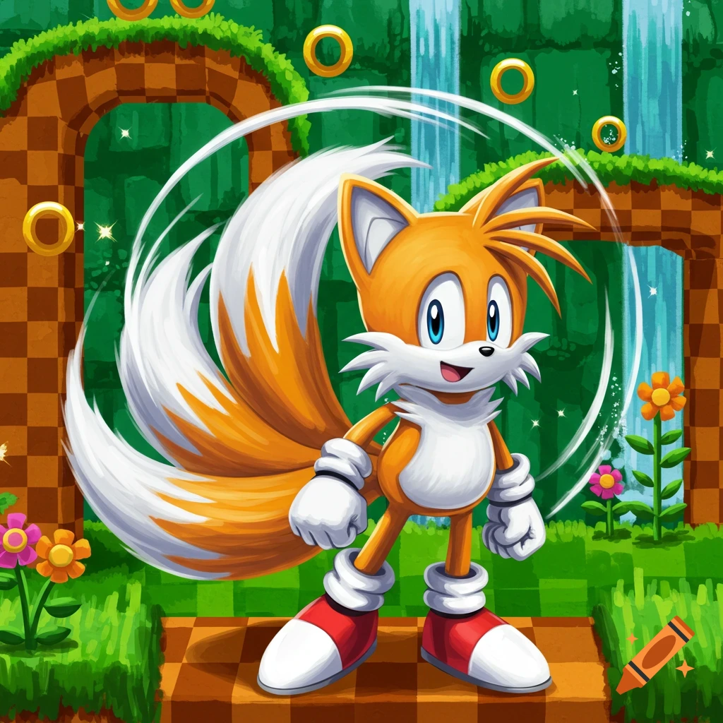 Tails, the orange fox character, stands smiling in a vibrant 2D Sonic-style level with gold rings and waterfalls.