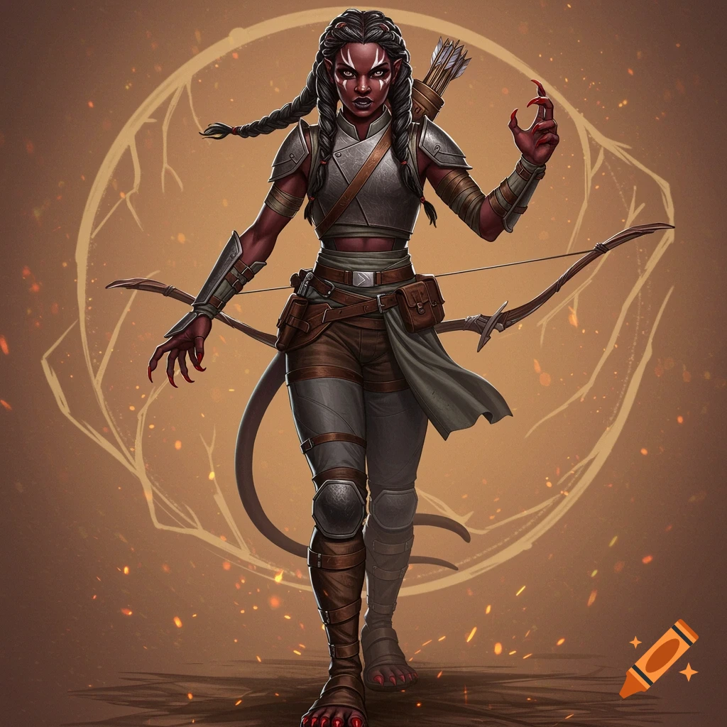 A dark-skinned fantasy character with braids, red eyes, and white facial markings wears grey armor, leather shorts, and carries a bow and quiver.