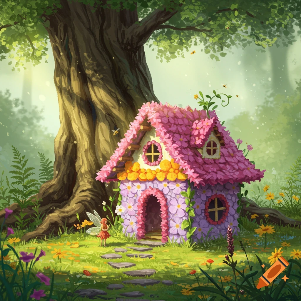 A colorful fairy house made of pink and purple flowers nestled beside a large tree in a sunlit forest, with a tiny fairy standing nearby.