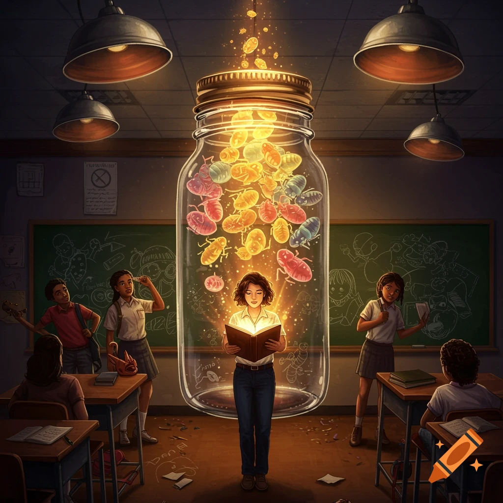 A young girl reads a glowing book in a classroom, with light illuminating a giant jar filled with shimmering, colorful insects. Other students look on, and classroom objects are scattered around.