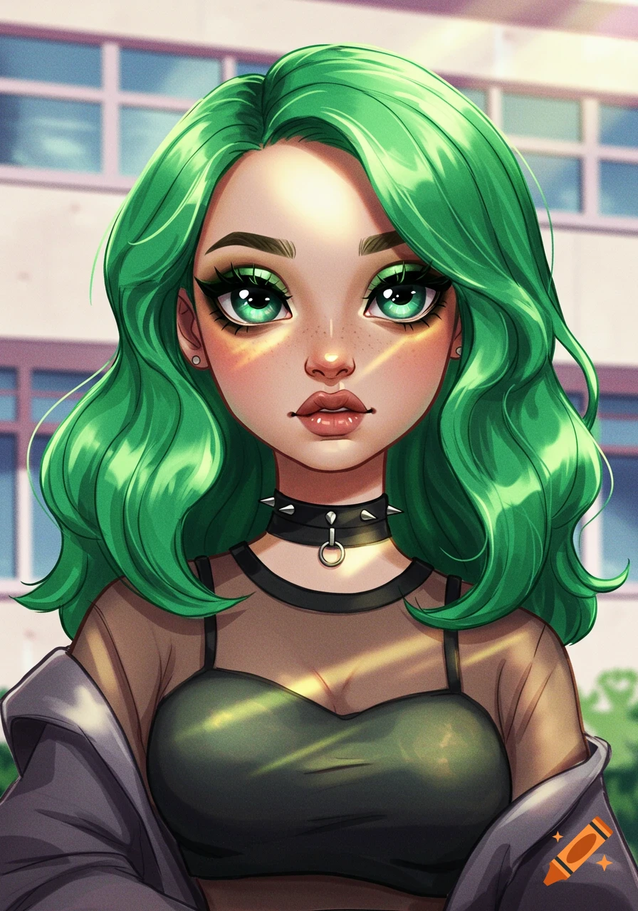 Stylized illustration of a fair-skinned girl with wavy green hair, green eyes, freckles, and dramatic makeup, wearing a studded choker and a sheer top.