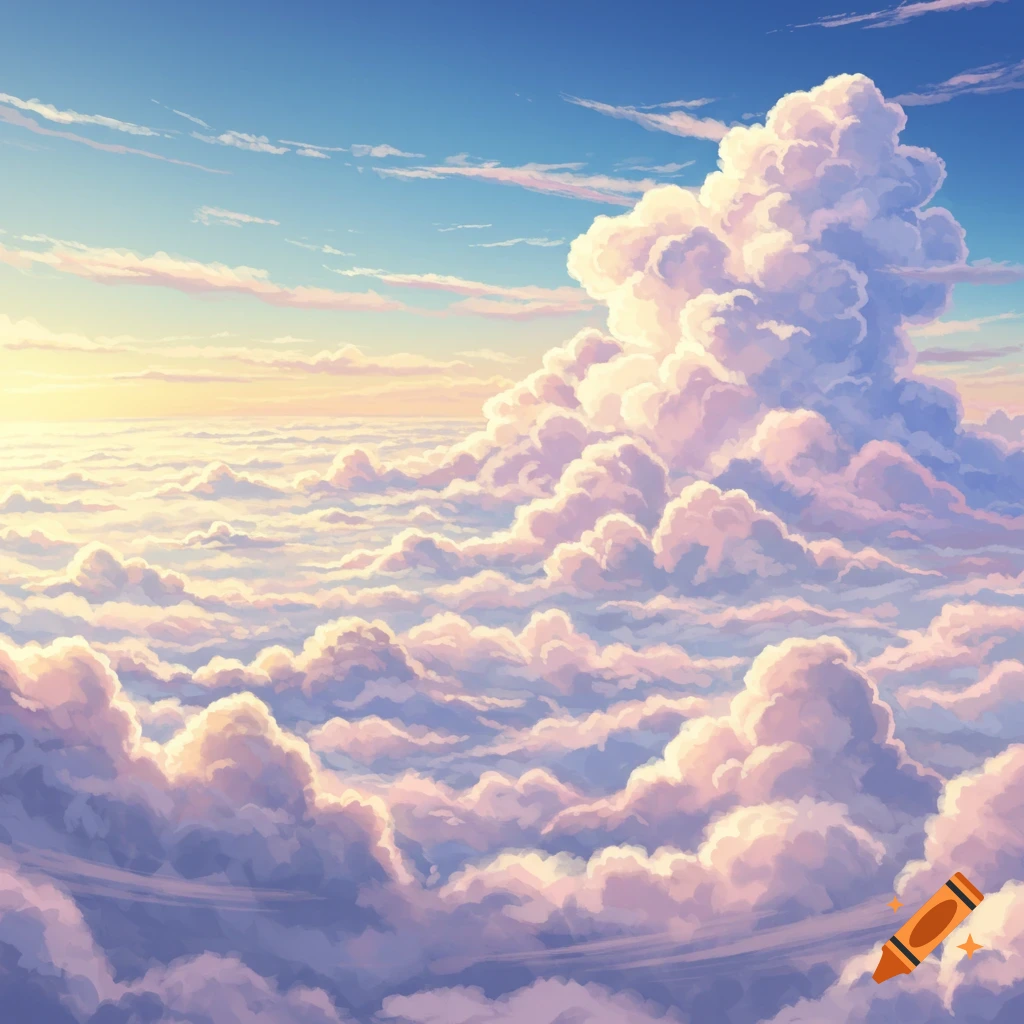 An anime-style view of a sky filled with fluffy white and purple clouds, with a bright sun on the horizon.