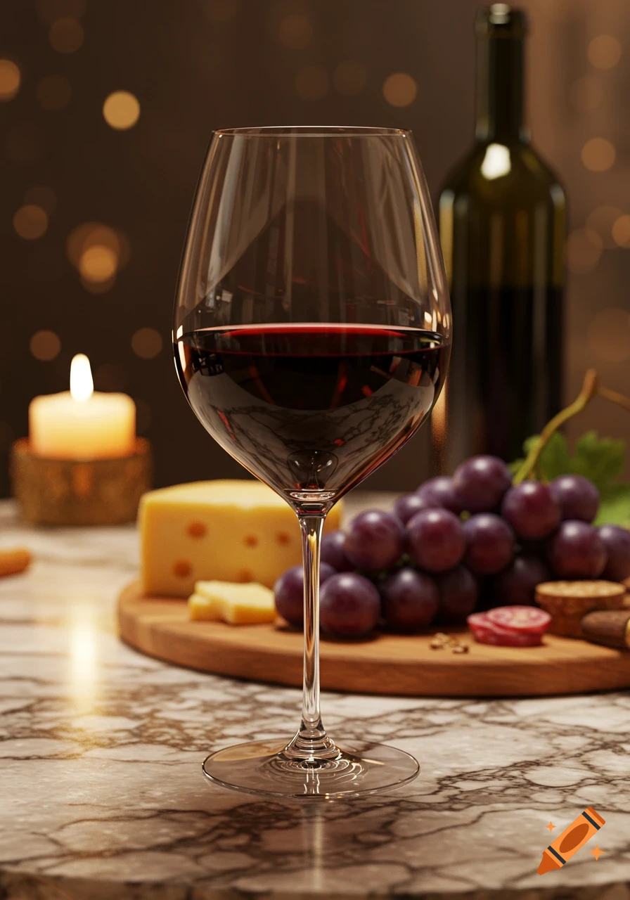 A glass of red wine, cheese, grapes, and a candle on a marble table.
