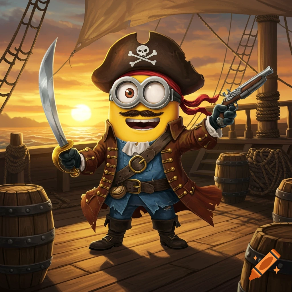 A cartoon Minion dressed as a pirate with a sword and a gun on a ship's deck at sunset.