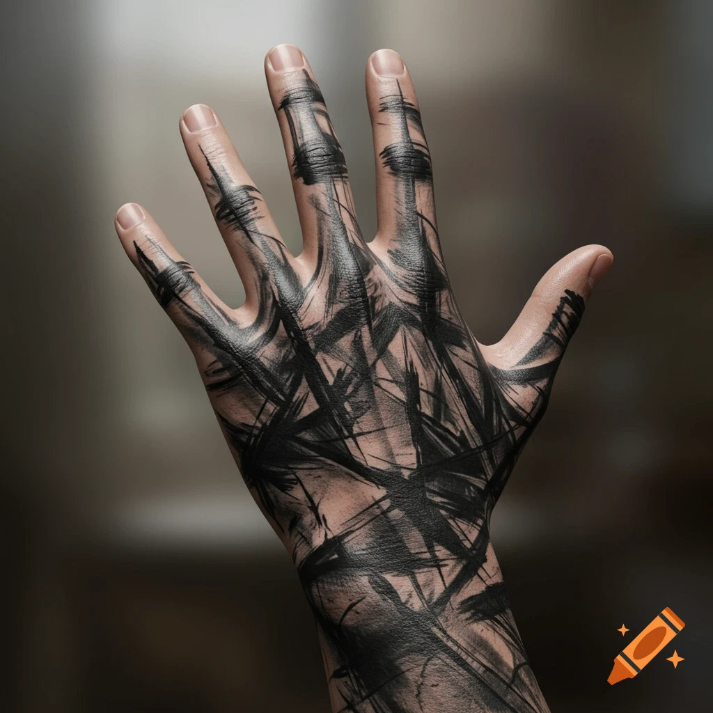 Back of a hand covered in abstract black charcoal-like marks, resembling a blackout tattoo.