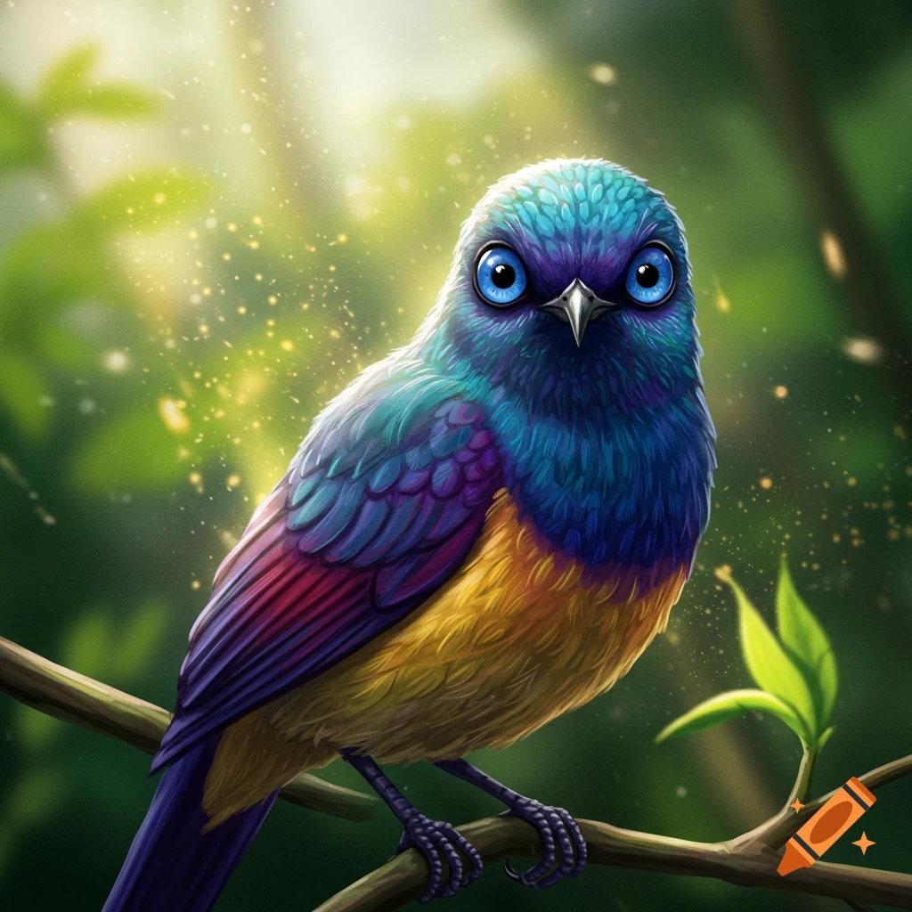 A vibrant, colorful bird with large blue eyes perches on a branch in a lush, glowing forest.