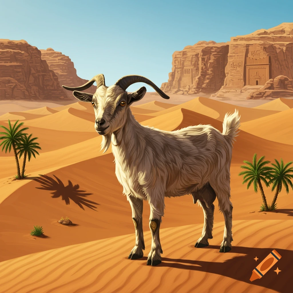 A goat stands on sand dunes in a desert landscape with palm trees and ancient rock carvings under a clear blue sky.