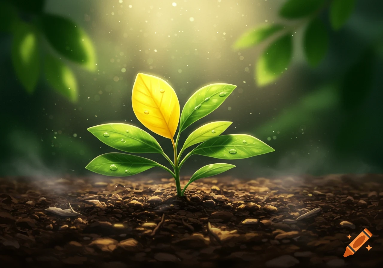 A vibrant green plant with one yellow leaf sprouts from rich brown soil, illuminated by sun rays filtering through a hazy, dark green background with bokeh lights.